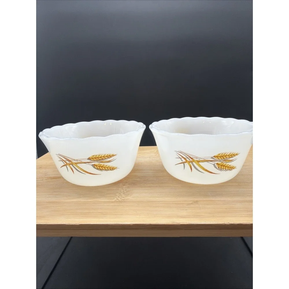 LOT of 2 Vintage Fire King Custard Cups 6 Oz Ramekin Golden Wheat Milk Glass